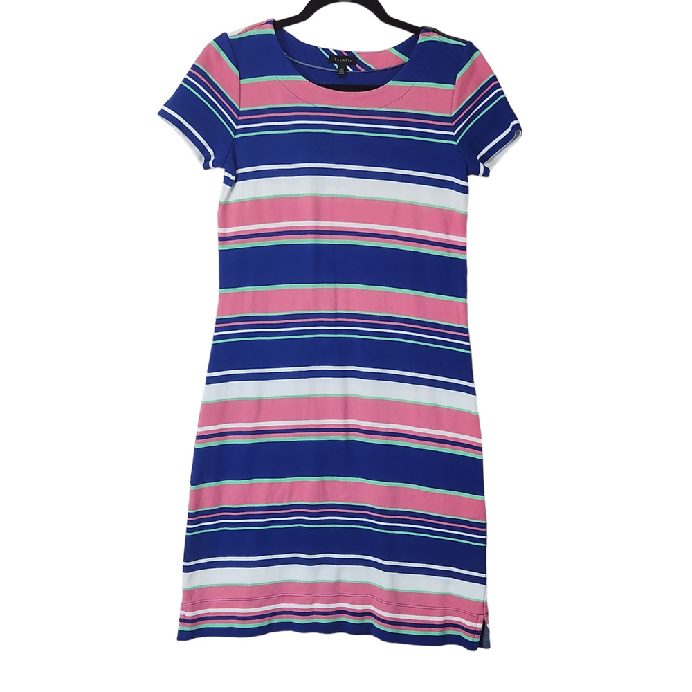 Talbots T-Shirt Dress Size XS Blue White Pink Short Sleeve Knee Length Zipper